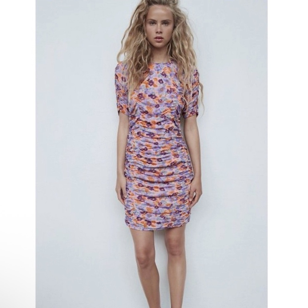 Zara Purple Print Ruched Mini Dress - Picture 4 of 17